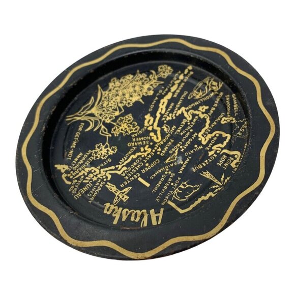 Vintage Alaska State Map Souvenir Black Gold Metal Tin Travel Coaster Ashtray 3 - Picture 3 of 7